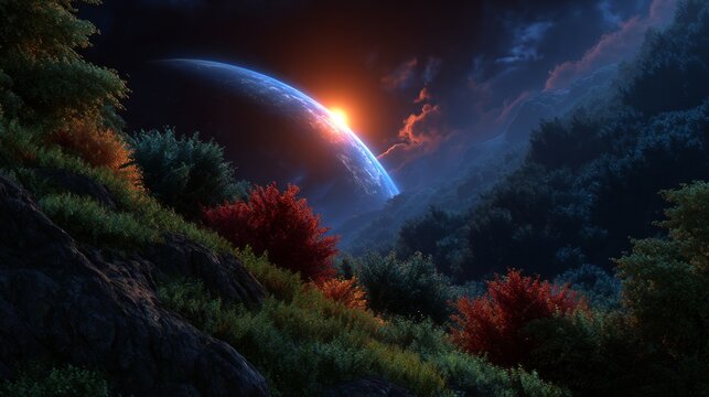 Alien planet sunrise over lush alien landscape, dramatic cosmic scene
