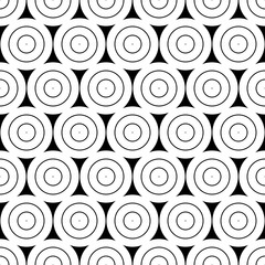 Repeated small and big white circles background. Seamless surface pattern design with circular ornament. Hoops wallpaper. Round motif. Spheres image. Digital paper with rings. Vintage style vector art