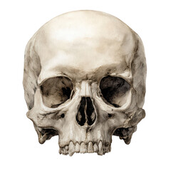 Obraz premium A realistic watercolor painting of a human skull facing forward isolated on a solid , isolated on transparent background, perfect cutout, PNG