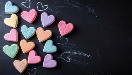 Colorful Chalk Hearts Arranged on a Blackboard with Hand-Drawn Sketches for a Playful and Romantic Mood