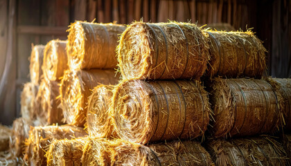 Stacked Round Hay Bales in a Sunlit Barn with Golden Textures and a Rustic Farm Atmosphere