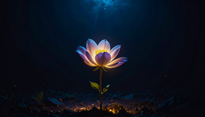 A Glowing Lotus Flower Blooming Under Moonlight in a Dark Mystical Landscape with Magical Atmosphere