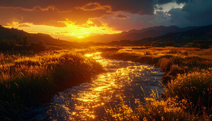 A Golden River Meandering through a Glowing Meadow at Sunset with Dramatic Clouds and Warm Light