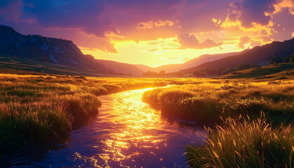 A Peaceful River Flowing through a Golden Meadow at Sunset with Mountain Silhouettes in the Distance