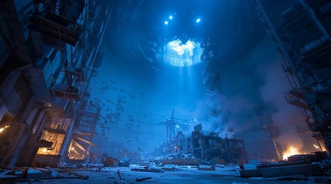 A destroyed reactor core glowing with unstable blue energy, surrounded by thick smoke, falling ash, twisted metal, and burning debris in a dark, chaotic nuclear ruin.
