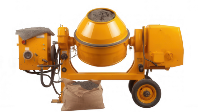 Portable yellow cement mixer isolated on transparent background, ready for use