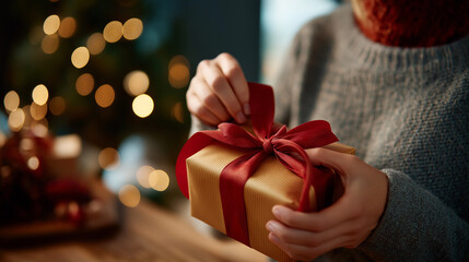Close up of hands unwrapping Christmas present with ribbon face completely obscured gift opening moment unwrapping action holiday surprise present reveal festive excitement
