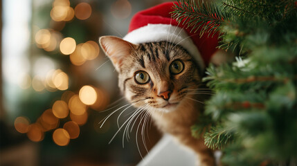 Cat wearing Santa hat beside Christmas tree cat face visible but emphasis on scene pet holiday festive cat Christmas pet holiday animal cute kitten xmas costume cat and