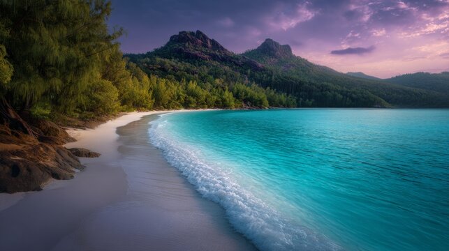 Serene tropical beach at sunset, turquoise ocean waves gently lapping white sand, lush green mountains under a purple sky. - Powered by Adobe