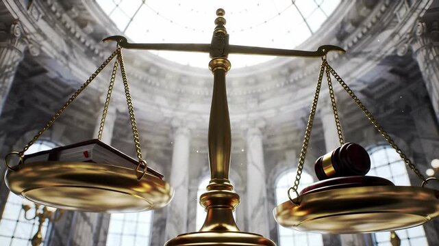 Legal Justice: Golden Scale of Fairness Balances Law Books and Gavel within a Grand Courtroom, embodying Authority and Judgment.