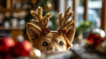 Pet wearing reindeer antlers with Christmas decorations pet face partially visible emphasis on antlers holiday pet festive animal Christmas costume cute pet seasonal outfit