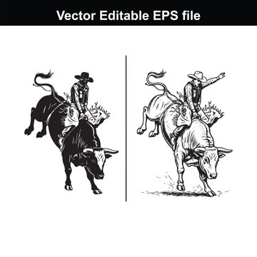 Silhouette and detailed illustration of a cowboy on a bucking bull