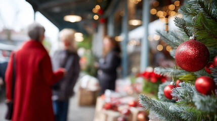 Christmas tree decoration display in market shop no faces clearly visible outdoor market holiday shopping festive vendor xmas decorations winter market street display decor