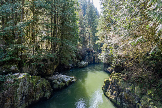 Wild mountain river in the forest park at Capilano River park, North Vancouver, BC, Canada