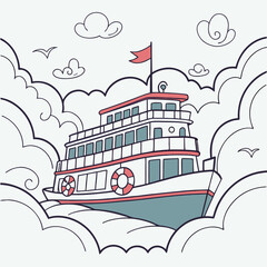 ship illustration vector, cartoon boat vector, stylized vessel vector, large ship, 