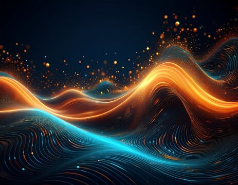 abstract glowing wave pattern with orange and blue particles