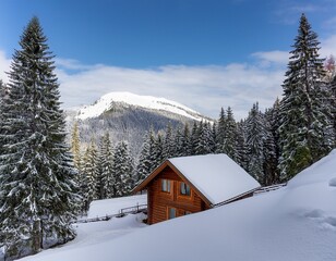 Fototapeta premium chalet de montagne dans la neige et foret de sapins sur fond transparent