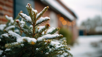 Christmas tree with snow on branches no faces or people visible snowy tree winter decoration snow covered pine festive scene seasonal tree white Christmas snow on branches