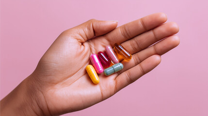 Colorful vitamins in open hand on pink
