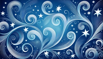fond graphique volutes et etoiles blanches sur fond bleu