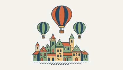 A tranquil scene of hot air balloons launching within a historic town with medieval architecture and cobblestone streets beneath.