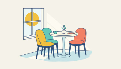 A sunny breakfast nook with a small round table and vibrant upholstered chairs creating an inviting space for morning meals.