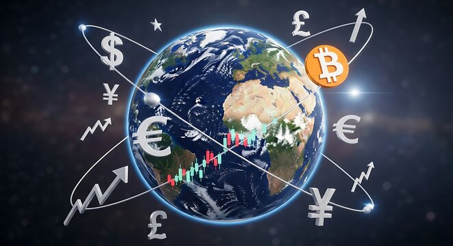 Title: Global Financial Market with Earth, Currencies, and Bitcoin
