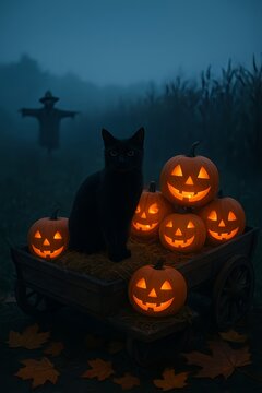 spooky halloween background with pumpkin and black cat and craw