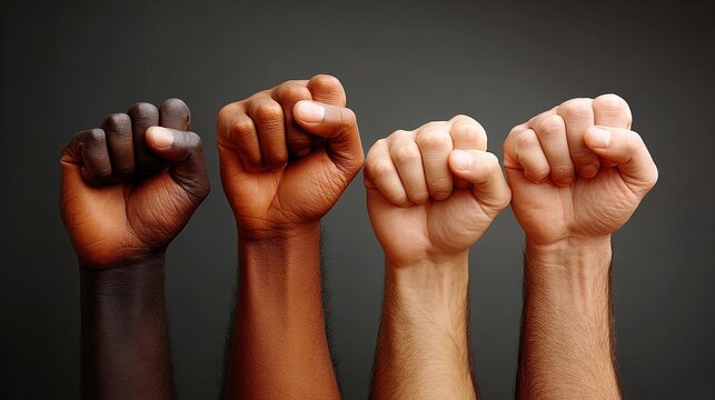 Diverse hands raised in solidarity, showcasing various skin tones and clenched fists against a dark background, symbolizing unity, strength, and empowerment in social movements and collective action