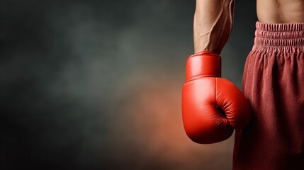 Athletic male boxer wearing red boxing gloves stands confidently with a powerful stance, showcasing muscular arm and determination against a dramatic smoky background, embodying strength and resilienc