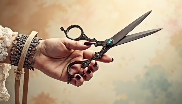 Female hand holding vintage scissors with ornate handle and gemstone detail, elegant hairstylist or fashion concept on soft background with space to copy - Powered by Adobe