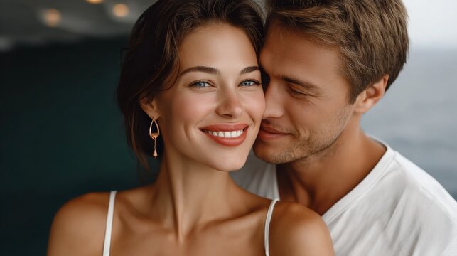 Couple sharing a joyful moment, with the woman smiling brightly and the man leaning in close, showcasing affection and connection in a soft, intimate setting with natural light