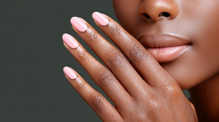 Close-up of a beautiful African American woman showcasing her manicured nails with soft pink polish, gently touching her face, highlighting the elegance and beauty of nail art and skincare