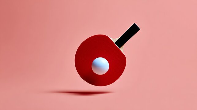 Vibrant red ping pong paddle with a white ball, floating against a soft pink background, showcasing the dynamic nature of table tennis and the excitement of the sport in a minimalist design