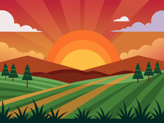 Obraz premium Sunrise or sunset over fields. Cartoon vector illustration