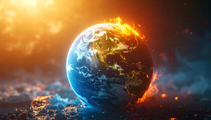 Global Inferno: A stark visualization of climate change. The Earth is consumed by flames and intense heat, symbolizing the severity of environmental degradation and the urgency of our planet's crisis.