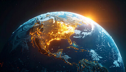 Obraz premium Illuminated Earth: A breathtaking view of the Earth from space, with the sun rising over the horizon, casting a warm glow and highlighting the intricate network of cities and landmasses. 