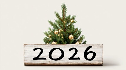 Festive evergreen tree adorned with golden ornaments, placed in a rustic wooden box displaying the year 2026, creating a cheerful holiday atmosphere for seasonal celebrations and decorations