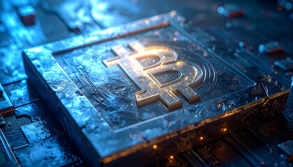 Bitcoin's Digital Heart: A close-up view of a Bitcoin symbol embedded on a intricate computer chip, a symbol of the digital age and the future of finance. 