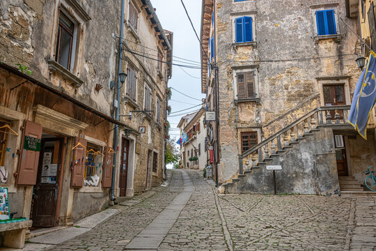 Picture from the town of Groznjan with idyllic cobbled streets and buildings made of natural stone, Istria, Croatia