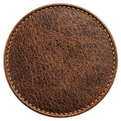 A round piece of textured brown leather with a finely stitched edge isolated on a plain , isolated on transparent background, perfect cutout, PNG