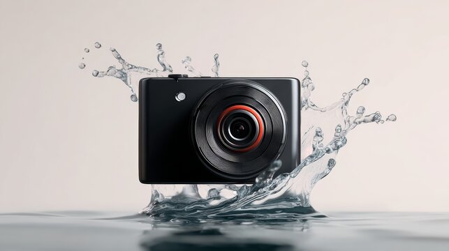 Camera splashing in water, showcasing dynamic motion and energy, with droplets flying around, emphasizing the waterproof feature and capturing the essence of photography in an engaging visual narrativ