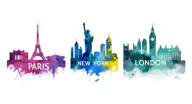 Set of three famous city skylines from Paris, New York, and London in a modern artistic watercolor style illustration