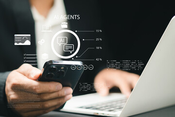 AI Agents and Data Analytics Technology Concept. Person holds smartphone with AI icons and data analytics representing artificial intelligence chatbot, digital assistant, machine learning automation,