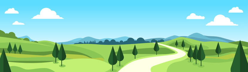 Rolling Green Hills with Winding Path – Peaceful Nature Illustration