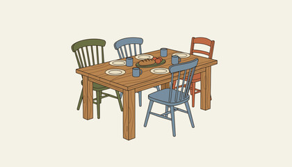 A rustic wooden dining table set with a mixture of vintage chairs exuding charm and inviting social gatherings and shared meals.