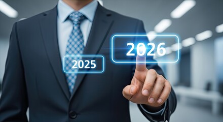 A business person in a smart suit, his finger poised to tap a futuristic touchscreen with 2026 displayed prominently, symbolizing strategic planning.