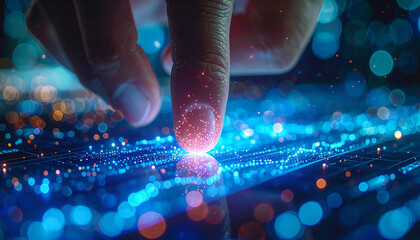 Touch the Future: A close-up view of a fingertip interacting with a luminous digital interface, representing the cutting edge of technology and digital innovation.