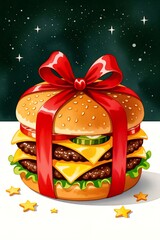 Creative burger gift wrapped with a red ribbon and decorated with stars in a festive night setting