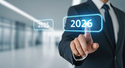 A businessman selecting future year 2026 concept for strategy and vision. Demonstrating forward-thinking planning and growth concept for successful financial progress.